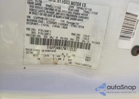 2007 Ford Focus S/Se/Ses z USA, uszkodzony, nr VIN 1FAFP34N17W112137